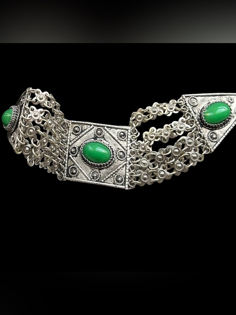 70s Sterling Silver & Solid Lime Green Turquoise Statement Bracelet (Rare)